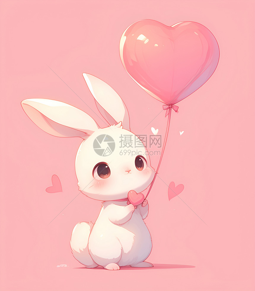 甜蜜兔子手持粉色心形气球图片