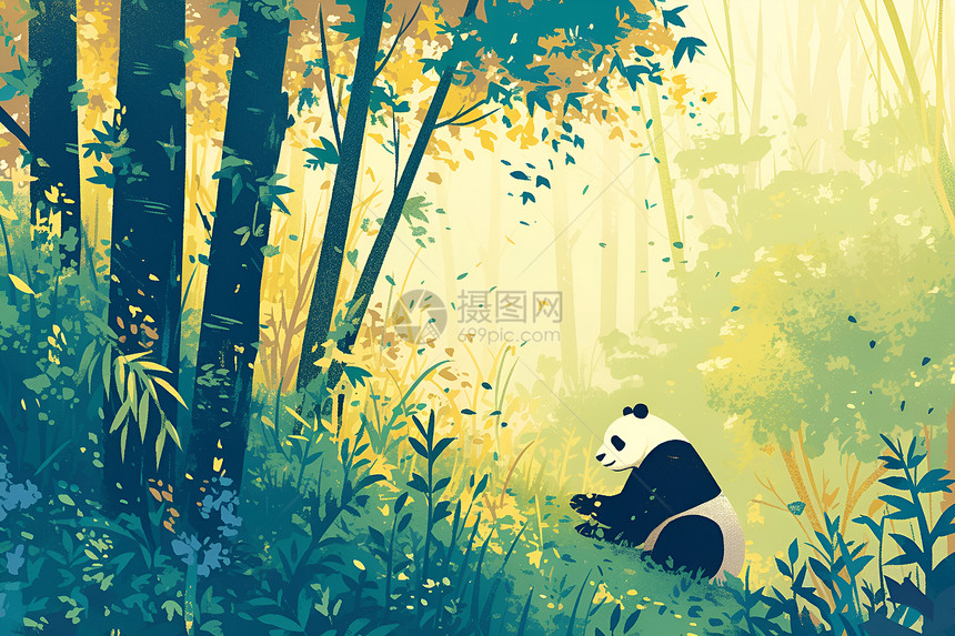熊猫坐在茂密森林中图片