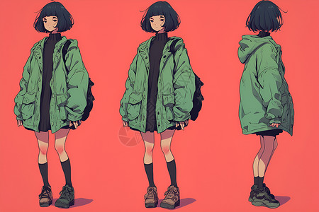 女士外套绿色外套的小女孩插画
