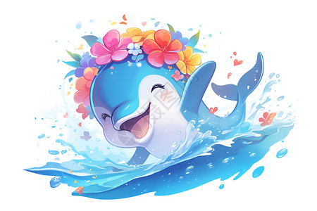 双龙戏水花冠海豚快乐的戏水插画