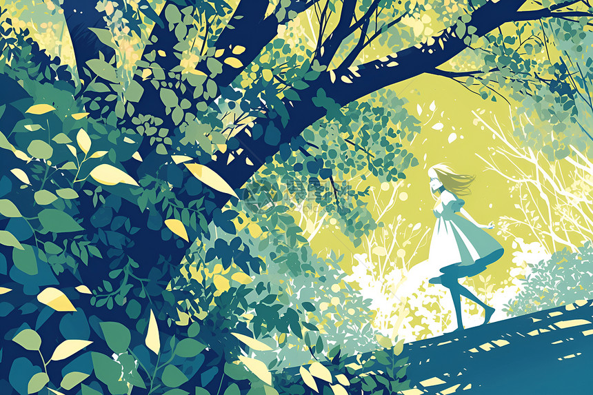 森林中女子在树前徒步图片