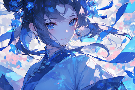 清纯美女白百何一个穿着蓝白传统服饰的女孩插画