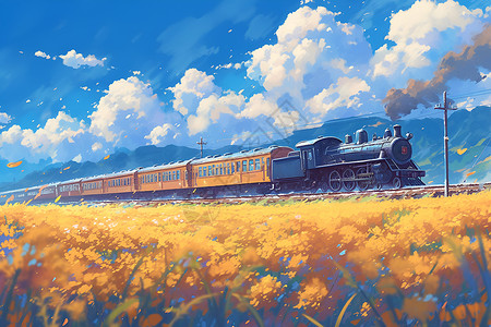 高速拍摄火车和花海插画
