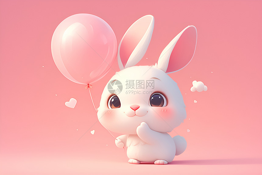 兔子举着粉色圆形气球图片