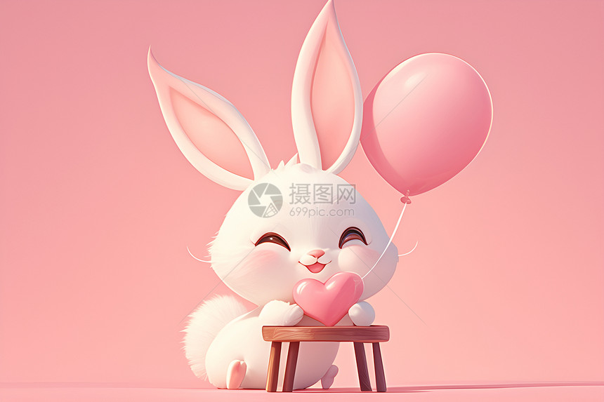 粉色背景中的兔子捧着心形气球图片