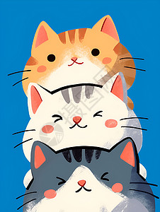 卡通简单背景三只卡通猫咪堆叠在蓝色背景下的简单扁平插图插画