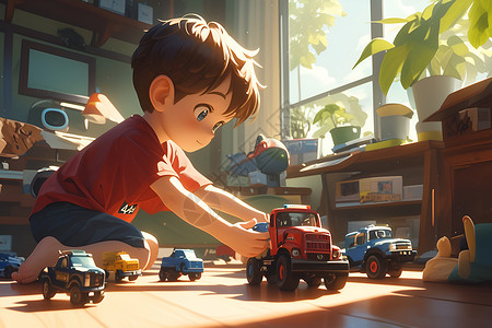 儿童玩车男孩在阳光明媚的客厅里玩卡车插画