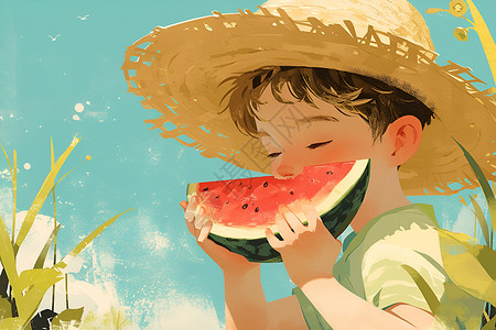 端着西瓜的男孩吃着水果的男童插画