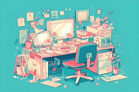 计算机办公室杂乱的办公室插画
