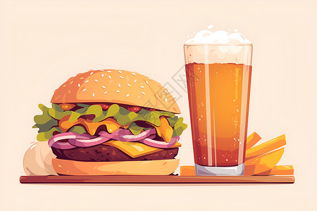 食品与饮料美味汉堡与啤酒插画