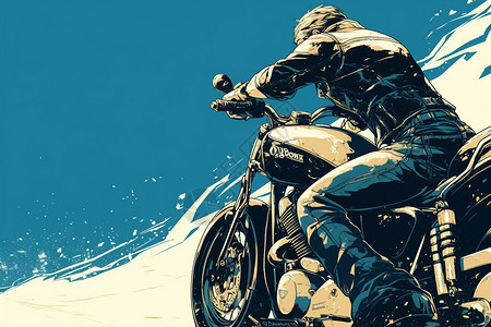 摩托车汽车摩托车骑手在雪地中驰骋插画