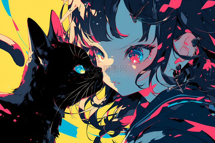 黑猫与动漫女孩的奇幻插画图片