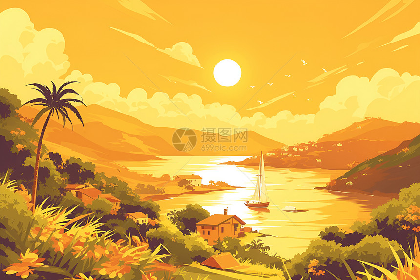 岛上日落插画图片