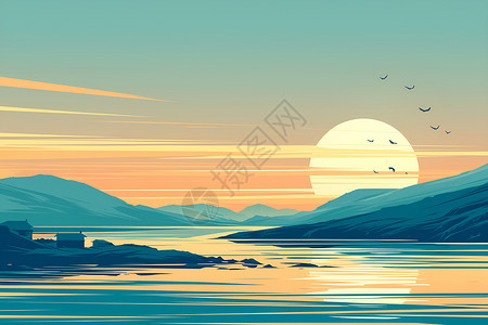 夕阳下的岛屿夕阳余晖下的远山之岛插画