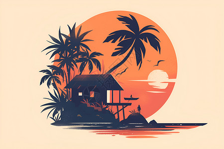 海边度假别墅夕阳下的岛屿别墅插画
