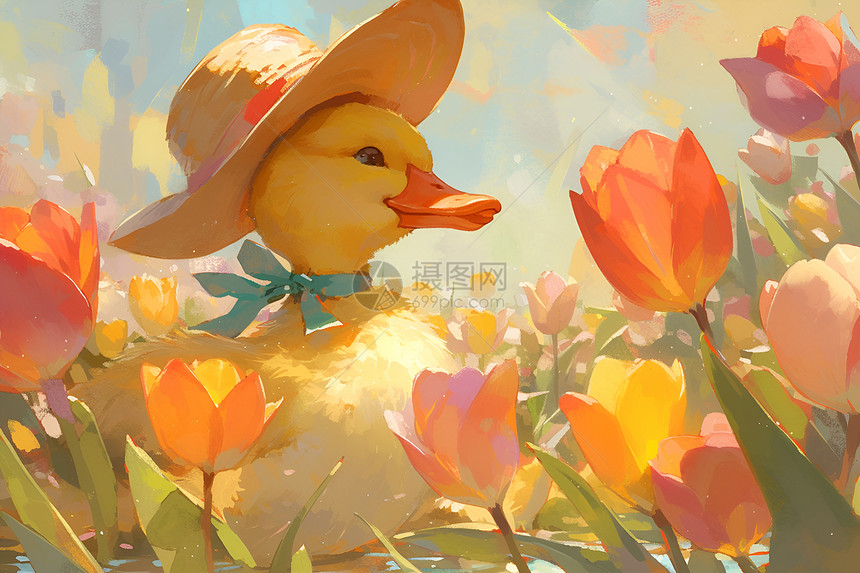 鸭子戴草帽在花丛中图片