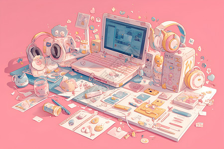 粉色笔记本五彩斑斓的电脑创意艺术插画