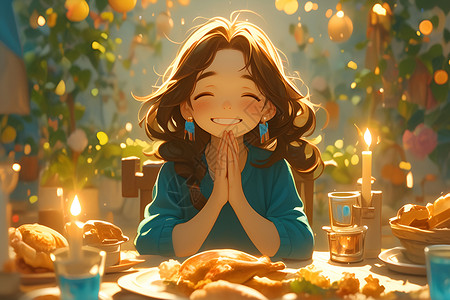 丰盛的晚餐祈祷的少女与丰盛食物插画