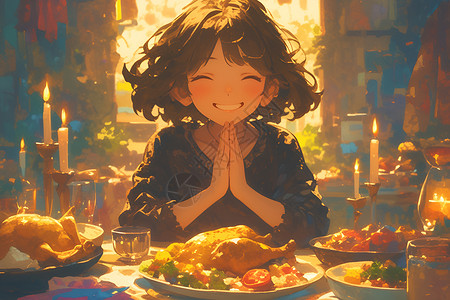 丰盛的晚餐餐桌上的祈祷插画