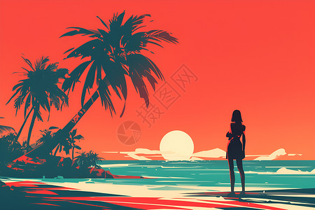 日出海滩夕阳下的女人在海滩上插画
