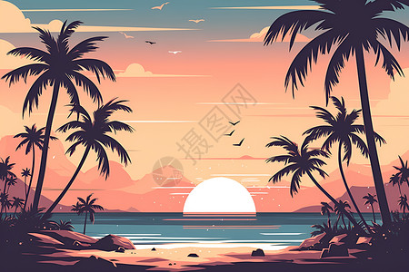 染红的夕阳染红岛屿插画