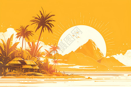日落音频热带岛屿风景插画