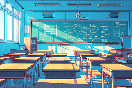 排列整齐的场合阳光洒满教室座位整齐排列插画