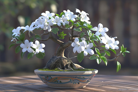 盆栽树上有白色花朵高清图片