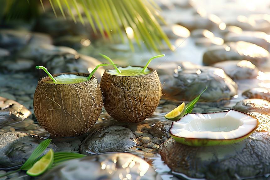 椰树海滩上的两个椰子图片