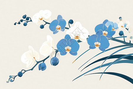 蓝色花瓣背景绽放中的蝴蝶兰插画
