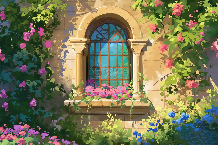 窗前的美丽花园图片
