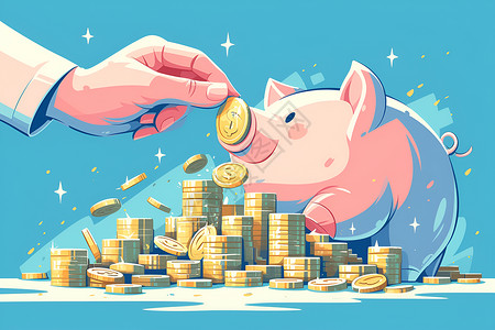 猪存钱罐贪婪的财猪金山插画