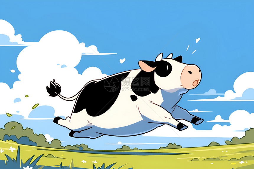 牛儿欢腾飞翔在花草地上图片