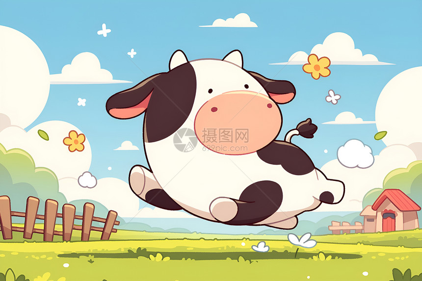 草地上快乐奔跑的卡通牛图片