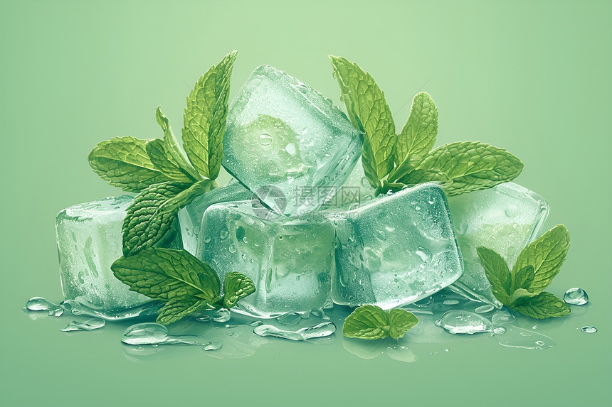 清凉绿意薄荷冰块图片