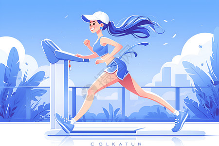 趴在跑步机上休息喝水的健身女性蓝天白云下的跑步机上奔跑插画