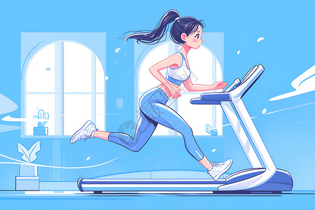 趴在跑步机上休息喝水的健身女性跑步机上奔跑的女孩插画