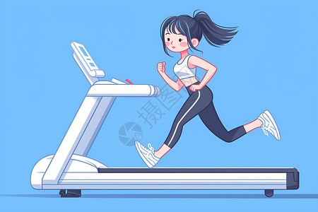 趴在跑步机上休息喝水的健身女性女孩在跑步机上奔跑插画