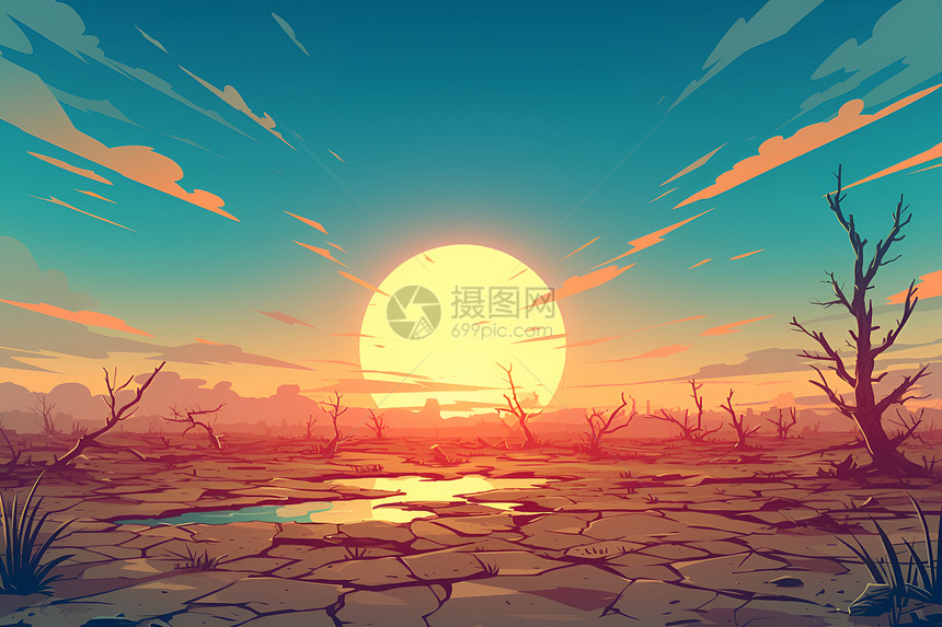 日落下的干裂沙漠插画图片