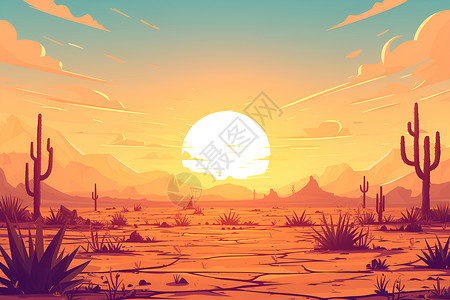 土地素材沙漠中的夕阳奇迹插画