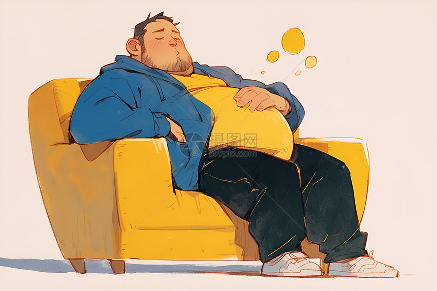胖胖的男人在沙发上打盹图片