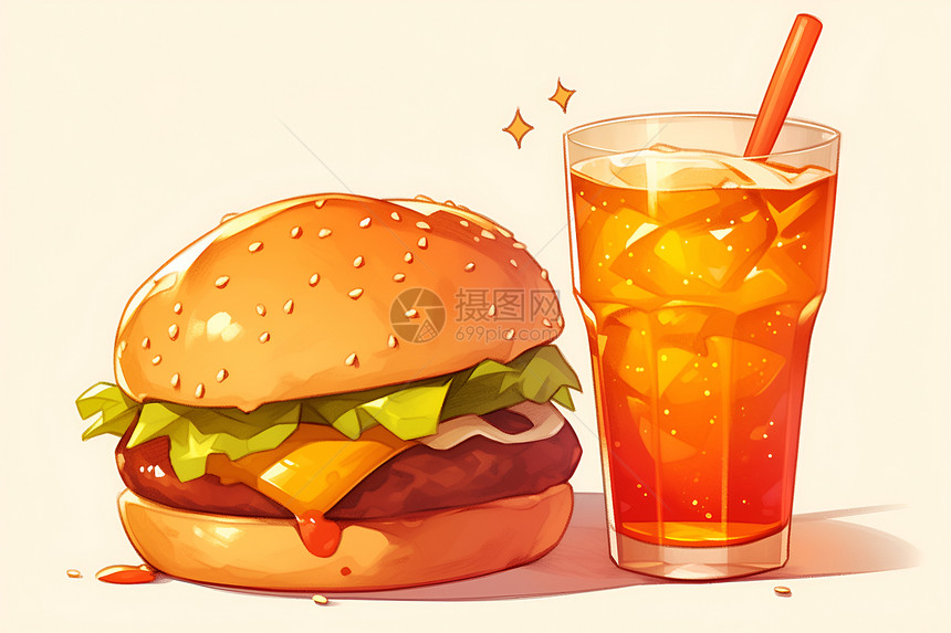 汉堡和饮料的简约插图图片
