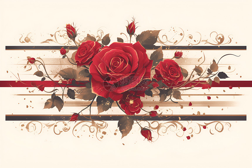红玫瑰绽放的插画图片