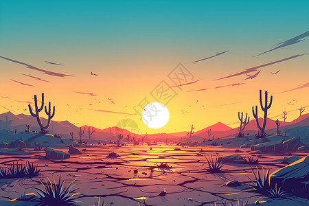 东北土地孤寂沙漠中的夕阳插画