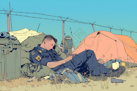 铁丝网背景士兵在草地上休息插画