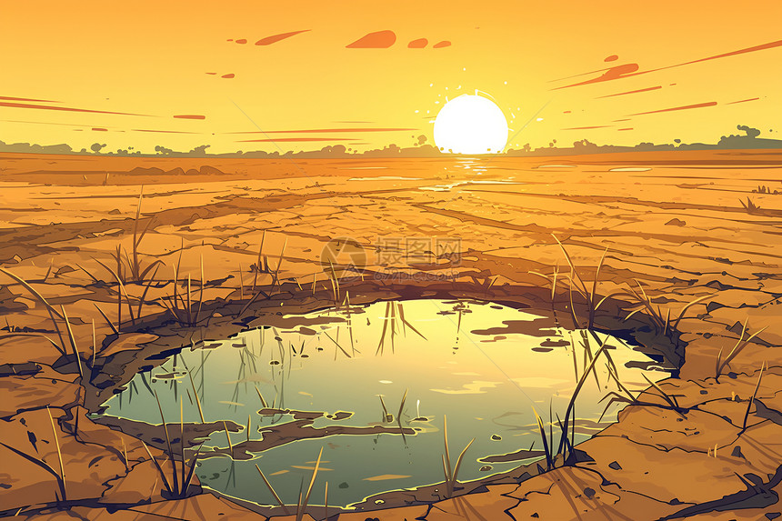 夕阳映照下的枯草和水池图片