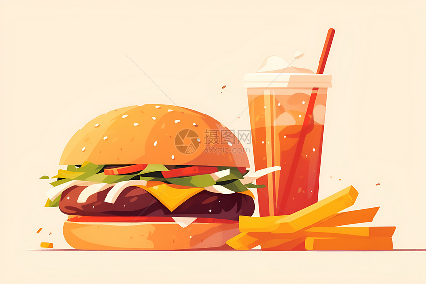 简洁汉堡与饮品图片