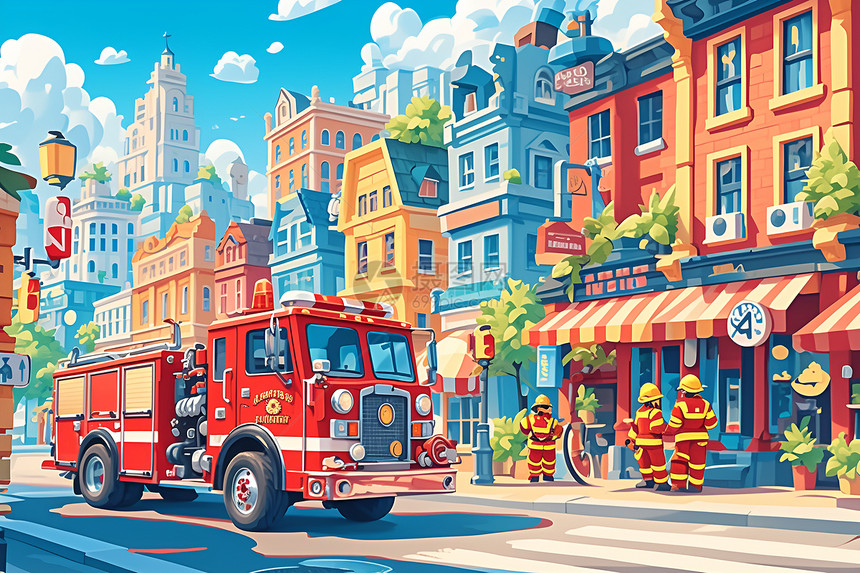 街道中的消防车插画图片