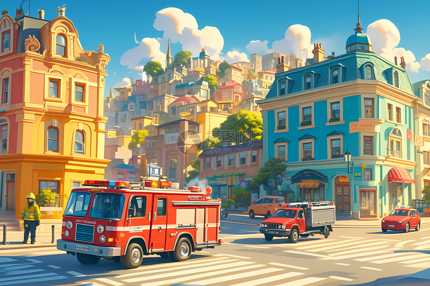 小镇中的消防车图片
