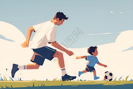 草地上踢足球的父子背景图片